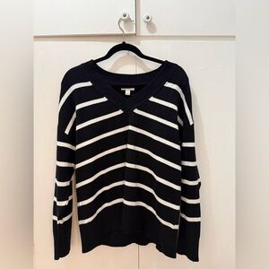 ON 34th Black and White Striped V-Neck Sweater